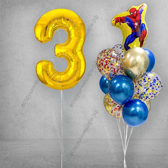 Букет шаров на 3 года ребенку "Человек-паук желтый", 12 шаров и золотая цифра