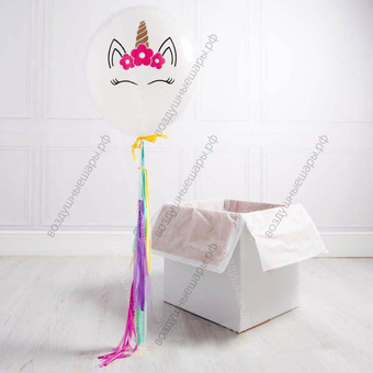 Большой белый шар с единорогом в подарочной коробке