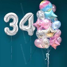 Гелиевые шарики на 34 года женщине "Розово-голубое мерцание", 20 шаров и серебристые цифры