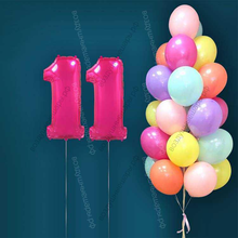 Гелиевые шары на 11 лет для девочки "Акварельный этюд", 25 шариков и малиновые цифры