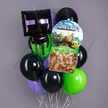Фонтан из шаров с черным монстром и зеленым кубом