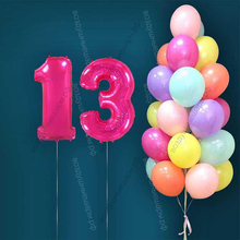 Гелиевые шары на 13 лет для девочки "Акварельный этюд", 25 шариков и малиновые цифры