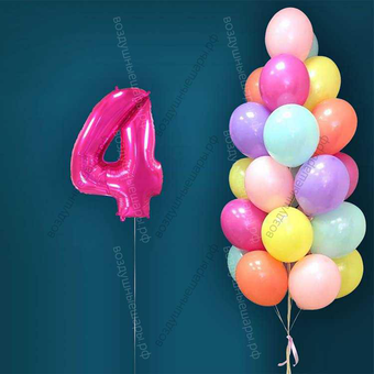 Гелиевые шары на 4 года для девочки "Акварельный этюд", 25 шариков и малиновая цифра