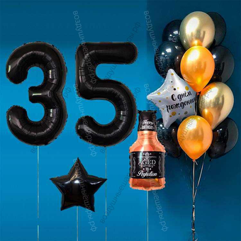 Оформление шарами на 35 лет с бутылкой виски и черными цифрами Black Label