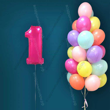 Гелиевые шары на 1 год для девочки "Акварельный этюд", 25 шариков и малиновая цифра