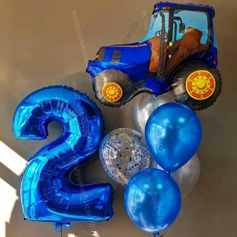 Букет из серебристо-синих шаров с Трактором синим мальчику на 2 года 