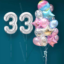 Гелиевые шарики на 33 года женщине "Розово-голубое мерцание", 20 шаров и серебристые цифры