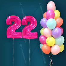 Гелиевые шары на 22 года для женщины "Акварельный этюд", 25 шариков и малиновые цифры