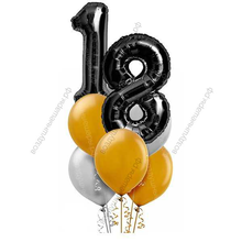 Фонтан из шаров с черными цифрами на День рождение