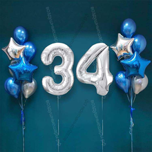 Шары на 34 года мужчине, сет "Серебристо-синий", 14 шариков с гелием и цифры