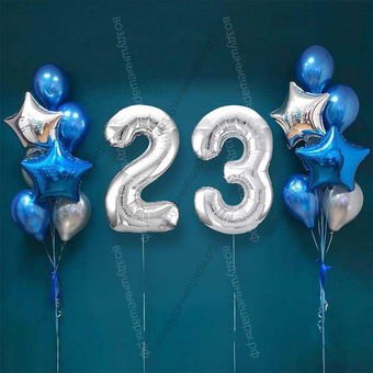 Шары на 23 года мужчине, сет "Серебристо-синий", 14 шариков с гелием и цифры