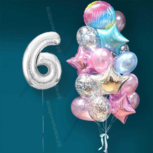 Гелиевые шарики на 6 лет девочке "Розово-голубое мерцание", 20 шаров и серебристая цифра