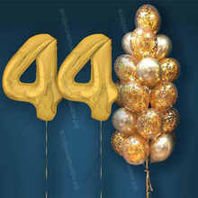 Шары с гелием на 44 года, сет "Золотой Хром", 19 гелиевых шариков и золотые цифры