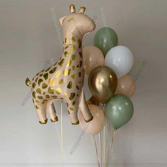 Фонтан из 11 оливковых, золотых и бежевых шаров с жирафом