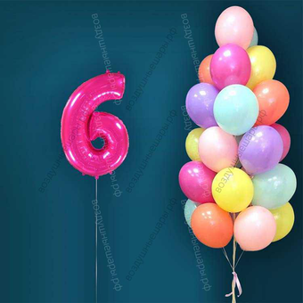 Гелиевые шары на 6 лет для девочки "Акварельный этюд", 25 шариков и малиновая цифра