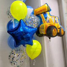 Подарок из желто-синих шаров ребенку "Экскаватор" с агатами, конфетти и звездой