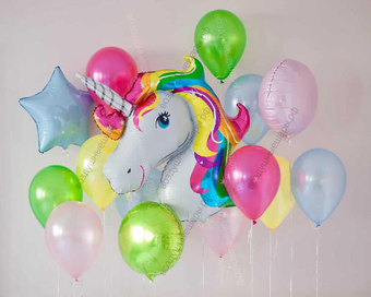 Фонтан из разноцветных гелиевых шаров "Единорог" в подарок