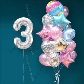 Гелиевые шарики на 3 года девочке "Розово-голубое мерцание", 20 шаров и серебристая цифра