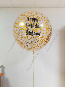 Большой прозрачный шар с гелием с золотым конфетти и надписью 70 см.