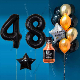 Оформление шарами на 48 лет с бутылкой виски и черными цифрами Black Label