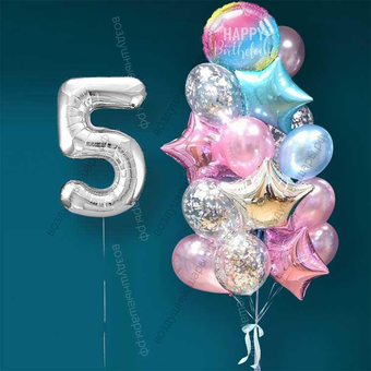 Гелиевые шарики на 5 лет девочке "Розово-голубое мерцание", 20 шаров и серебристая цифра