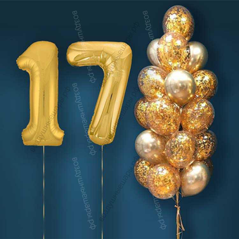 Шары с гелием на 17 лет, сет "Золотой Хром", 19 гелиевых шариков и золотые цифры