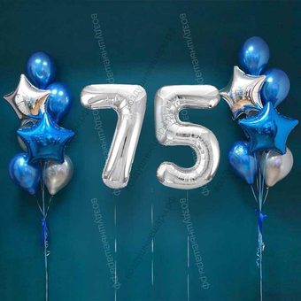 Шары на 75 лет мужчине, сет "Серебристо-синий", 14 шариков с гелием и цифры