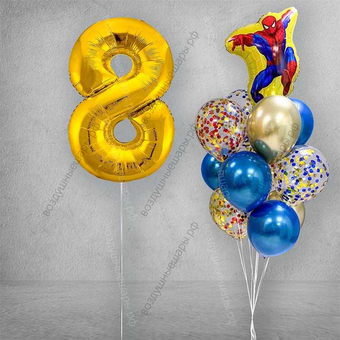 Букет шаров на 8 лет ребенку "Человек-паук желтый", 12 шаров и золотая цифра