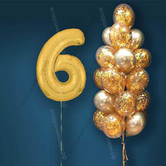 Шары с гелием на 6 лет, сет "Золотой Хром", 19 гелиевых шариков и золотая цифра