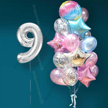 Гелиевые шарики на 9 лет девочке "Розово-голубое мерцание", 20 шаров и серебристая цифра