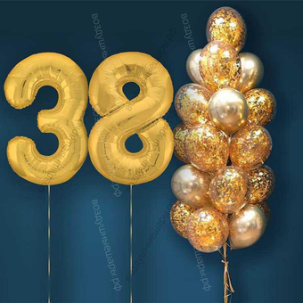 Шары с гелием на 38 лет, сет "Золотой Хром", 19 гелиевых шариков и золотые цифры