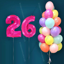 Гелиевые шары на 26 лет для женщины "Акварельный этюд", 25 шариков и малиновые цифры