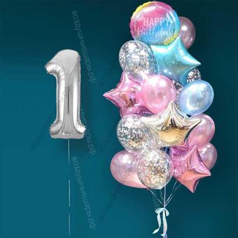 Гелиевые шарики на 1 год девочке "Розово-голубое мерцание", 20 шаров и серебристая цифра