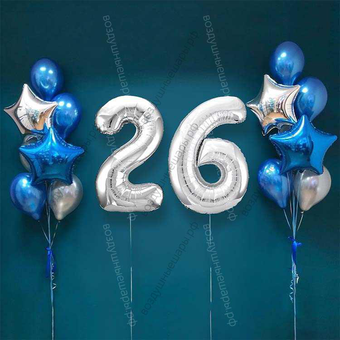 Шары на 26 лет мужчине, сет "Серебристо-синий", 14 шариков с гелием и цифры