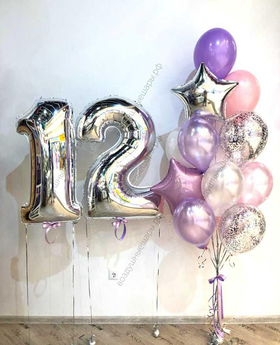 Фонтан из шаров для девочки с серебристыми цифрами "12 лет"