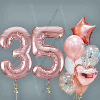 Шары на 35 лет женщине, сет "Розовое золото", 7 шариков с гелием и цифры