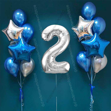 Шары на 2 года мальчику, сет "Серебристо-синий", 14 шариков с гелием и цифра