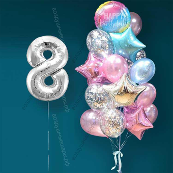 Гелиевые шарики на 8 марта  "Розово-голубое мерцание", 20 шаров и серебристая цифра