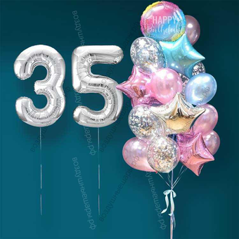 Гелиевые шарики на 35 лет женщине "Розово-голубое мерцание", 20 шаров и серебристые цифры