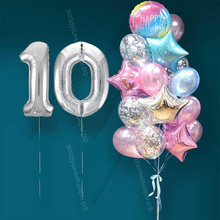 Гелиевые шарики на 10 лет девочке "Розово-голубое мерцание", 20 шаров и серебристые цифры