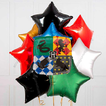 Букет гелиевых звезд в стиле Гарри Поттер с шаром "Факультеты школы Хогвартс"