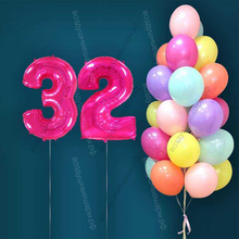 Гелиевые шары на 32 года для женщины "Акварельный этюд", 25 шариков и малиновые цифры