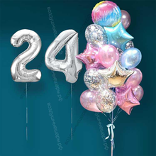 Гелиевые шарики на 24 года женщине "Розово-голубое мерцание", 20 шаров и серебристые цифры