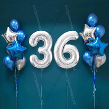 Шары на 36 лет мужчине, сет "Серебристо-синий", 14 шариков с гелием и цифры