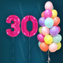 Гелиевые шары на 30 лет для женщины "Акварельный этюд", 25 шариков и малиновые цифры