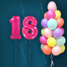 Гелиевые шары на 18 лет для девушки "Акварельный этюд", 25 шариков и малиновые цифры