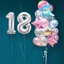 Гелиевые шарики на 18 лет девушке "Розово-голубое мерцание", 20 шаров и серебристые цифры