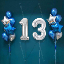 Шары на 13 лет мальчику, сет "Серебристо-синий", 14 шариков с гелием и цифры