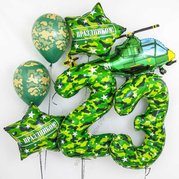 Букет гелиевых шаров на 23 февраля "Защитнику Отечества", 4 шара+фигура+цифры