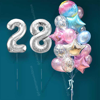 Гелиевые шарики на 28 лет женщине "Розово-голубое мерцание", 20 шаров и серебристые цифры